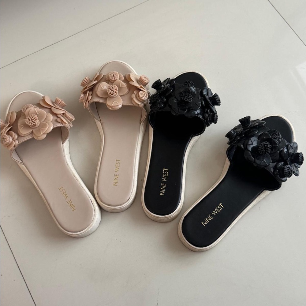 Nine West Women's Floral Slide Sandals - Black and Tan